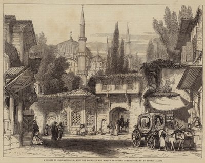 Una calle en Constantinopla, con la fuente y la mezquita del Sultán Achmet de Thomas Allom